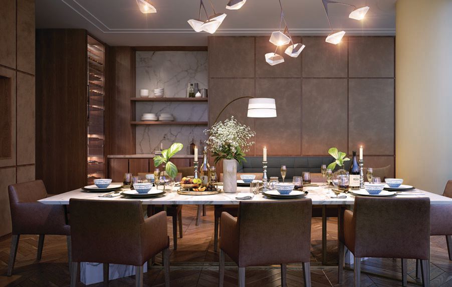 The private dining room, where residents can host soirees, is adorned with chevron wood flooring and light suede wall paneling PHOTO COURTESY OF ROCKWELL GROUP