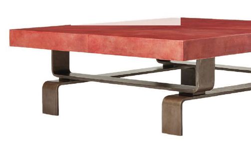 The Michel coffee table from Metier features a cold-rolled steel base and wood top covered in hand-dyed parchment veneers. PHOTO COURTESY OF BRANDS
