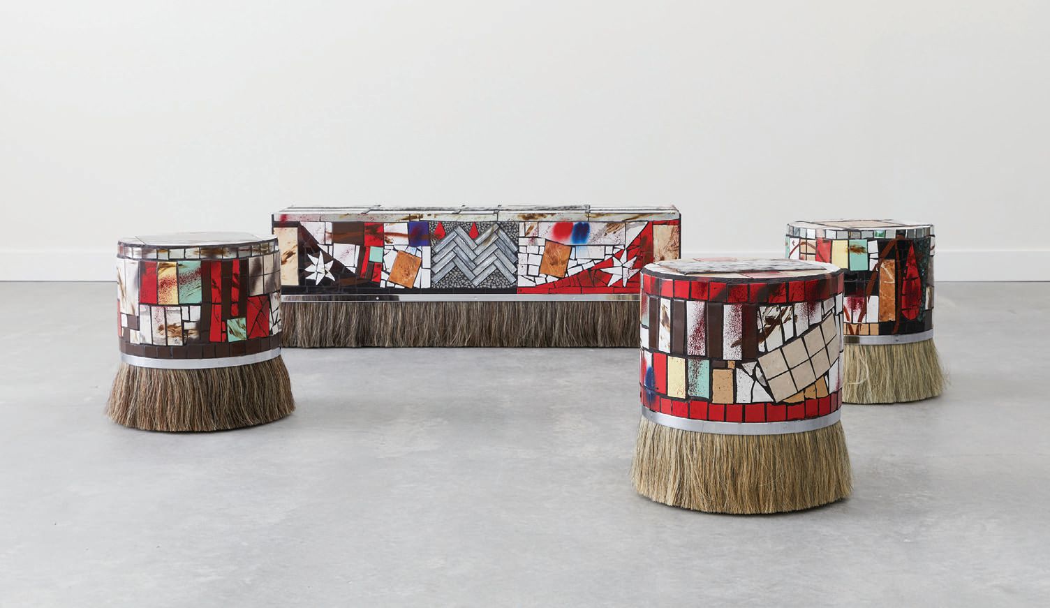 Konekt x Cameron Welch Relic stools and bench. PHOTO COURTESY OF COUP D’ETAT