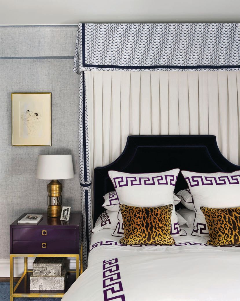 The primary bedroom’s bed was crafted by Connors Design Ltd. with fabric from Claremont Furnishings PHOTOGRAPHED BY ANNIE SCHLECTER