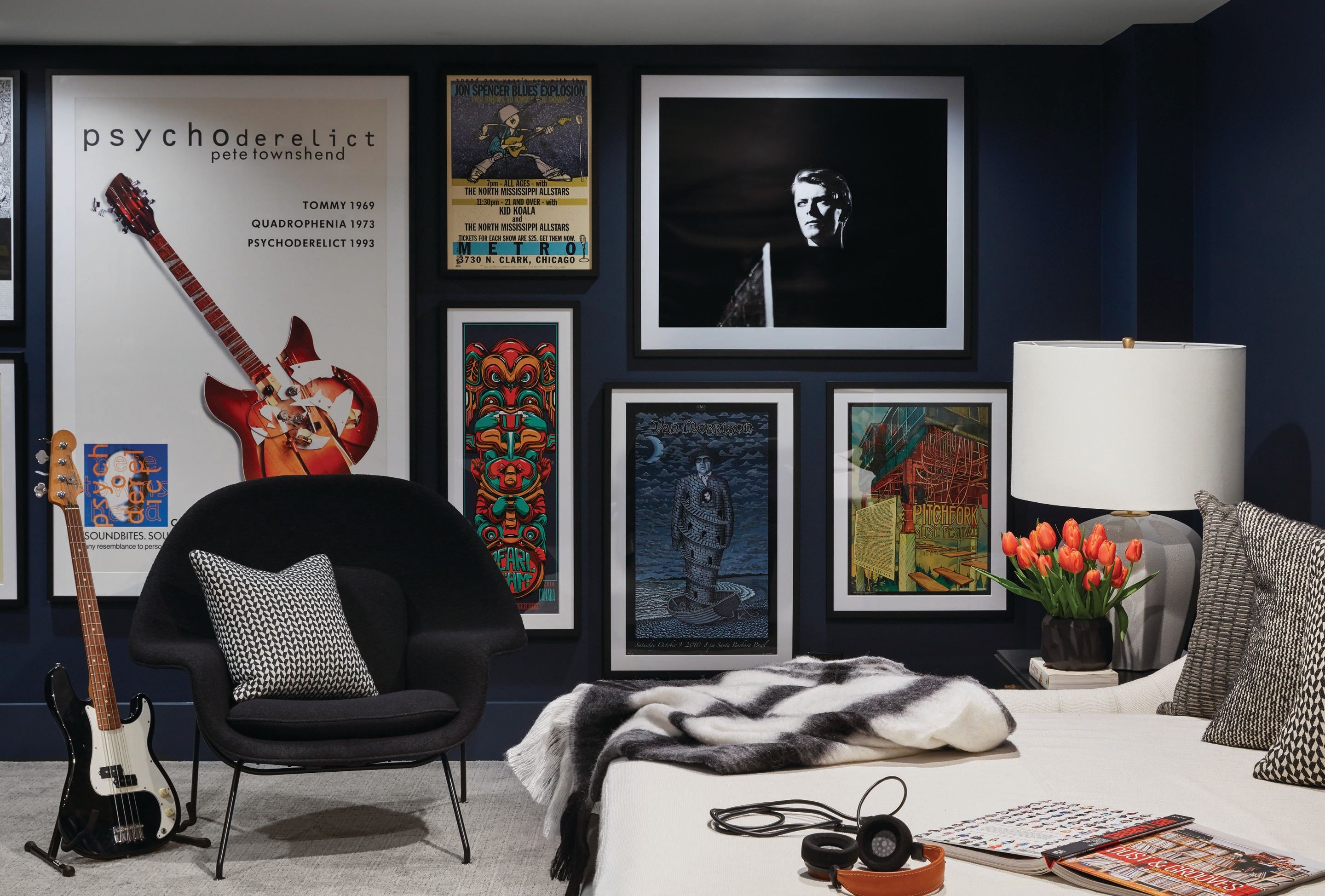 From concert posters to fine photography, the clients’ expansive art collection takes center stage throughout the abode PHOTOGRAPHED BY DUSTIN HALLECK