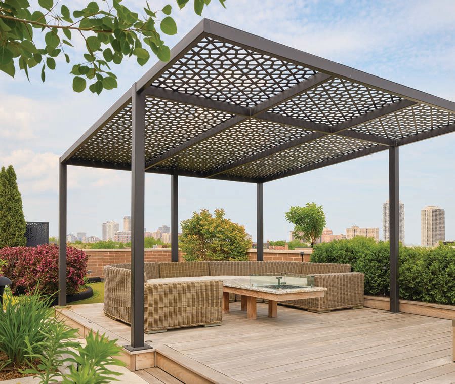 The roof deck features an inviting pergola. Photographed by Mike Schwartz