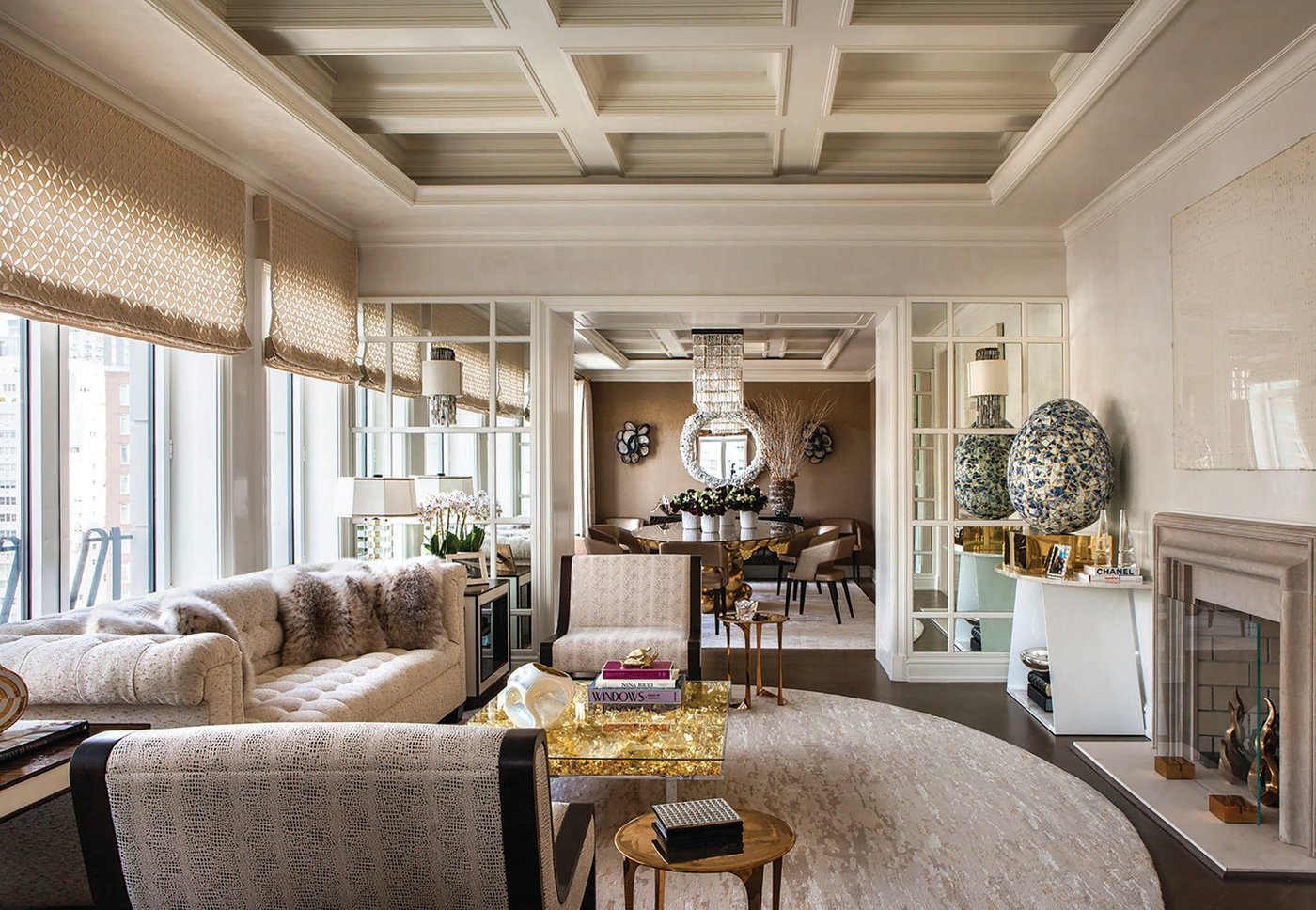 An Yves Klein coffee table and Wendell Castle chairs in the living room PHOTO COURTESY OF ARTHUR DUNNAM INTERIOR DESIGN