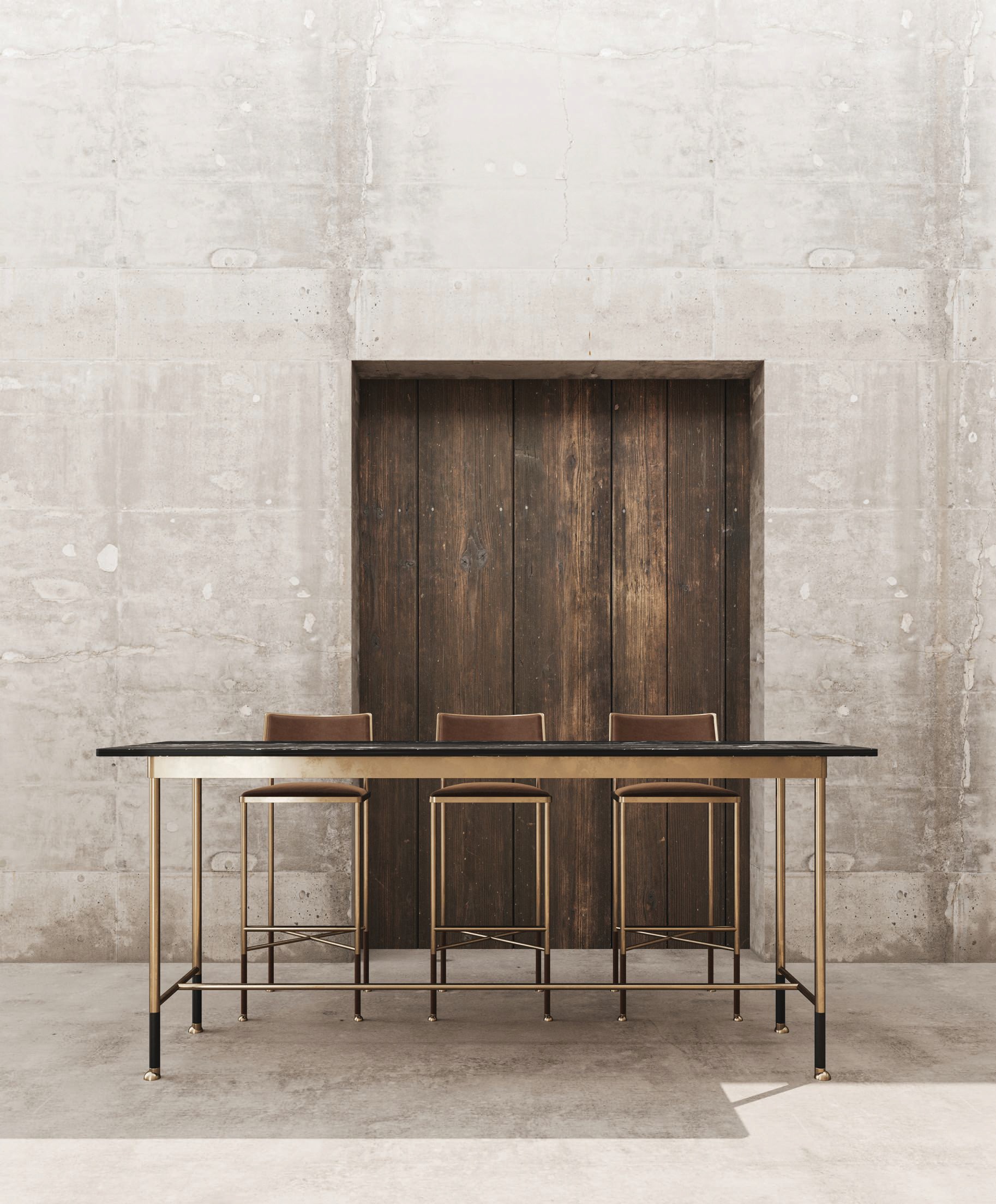 Designer Cooper Reynolds Gross’ F.R.F.G. dining table from his debut CRG collection combines brass and stone. PHOTO COURTESY OF CRG
