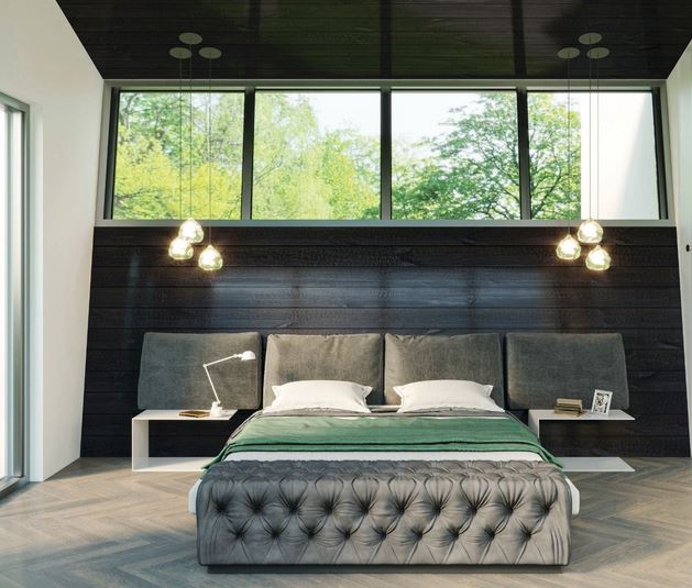 The primary bedroom’s unique headboard melds with the architectural elements of the room, making it more structural than interior design RENDERINGS COURTESY OF JEFFREY BRUCE BAKER