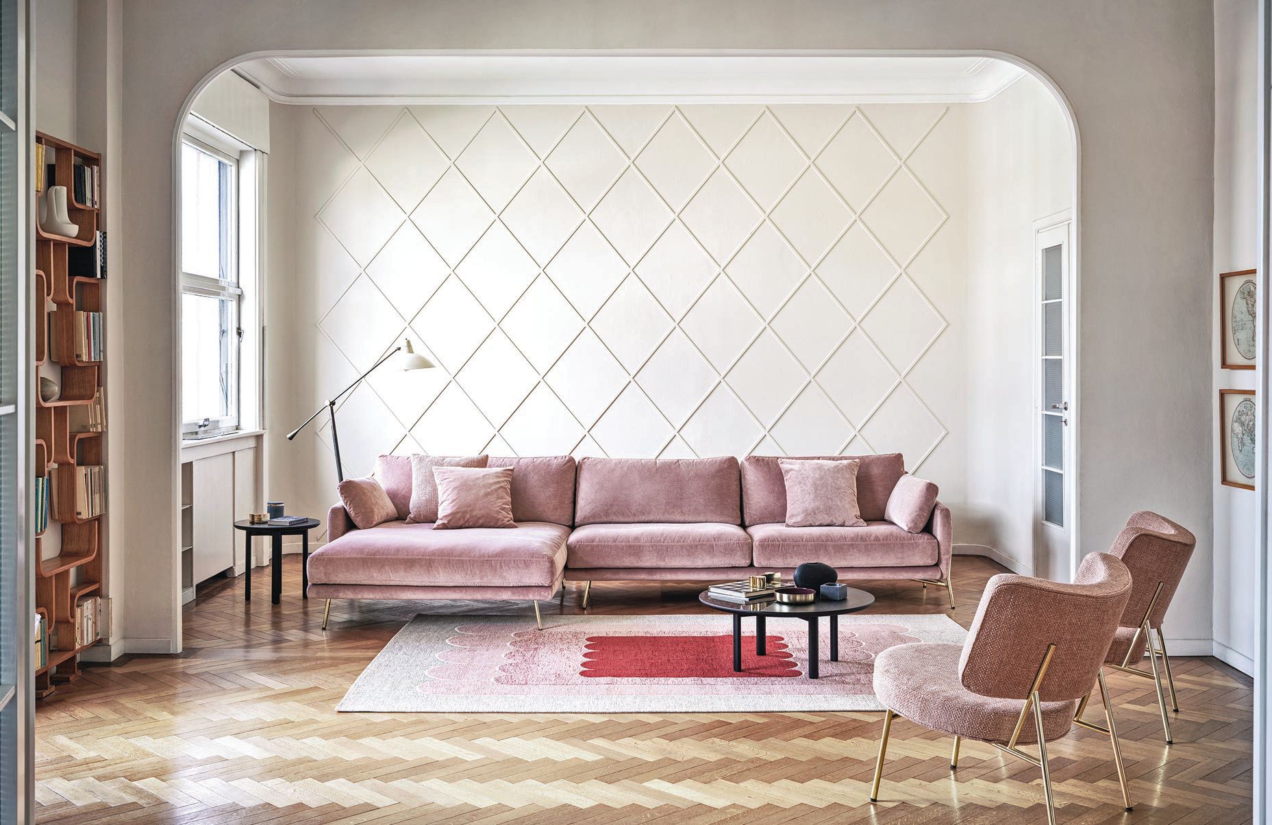 Furnishings from Calligaris include a rose-colored Le Marais sofa and Coco chair PHOTO COURTESY OF BRAND