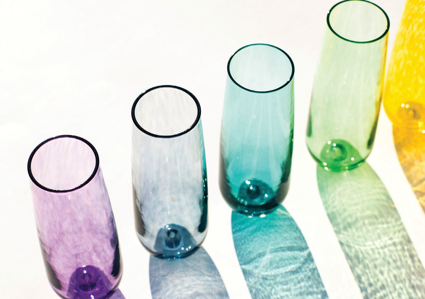 Stemless Champagne flutes in a rainbow of gorgeous shades. PHOTO COURTESY OF BRAND