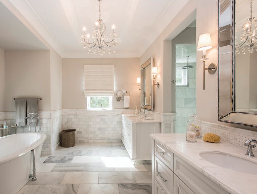 The spacious bathroom is adorned with fixtures from Kohler (kohler.com) Photographed by Scott Sandler