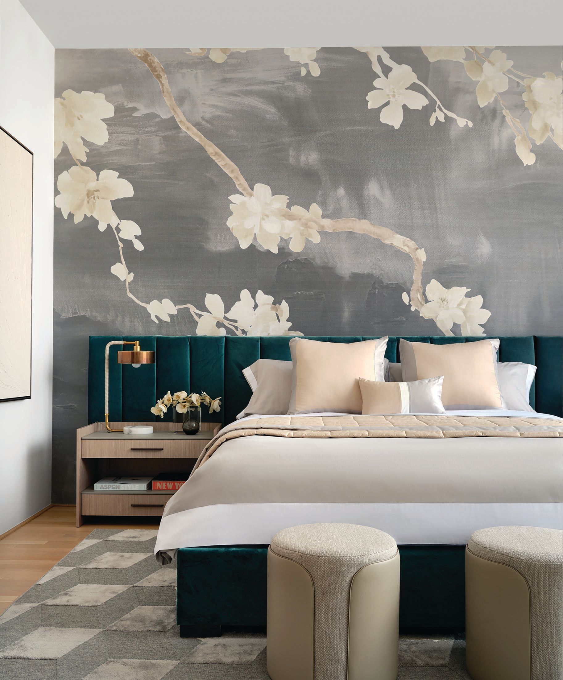 A Nina Magon bed and nightstand, Surya rug and Phillip Jeffries wallcovering. PHOTOGRAPHY BY SEAN LITCHFIELD