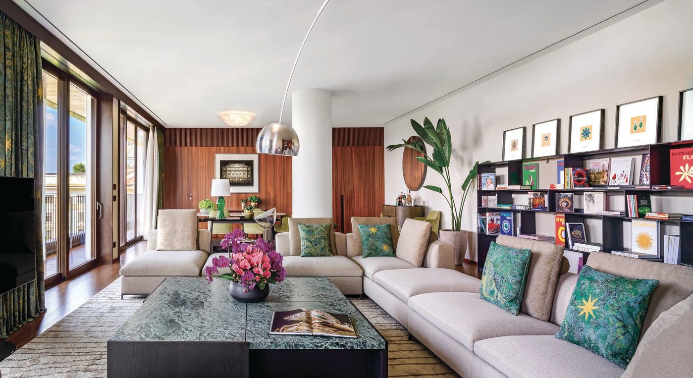 Curated art and design books fill B&B module libraries in the posh living room PHOTO COURTESY OF BVLGARI
