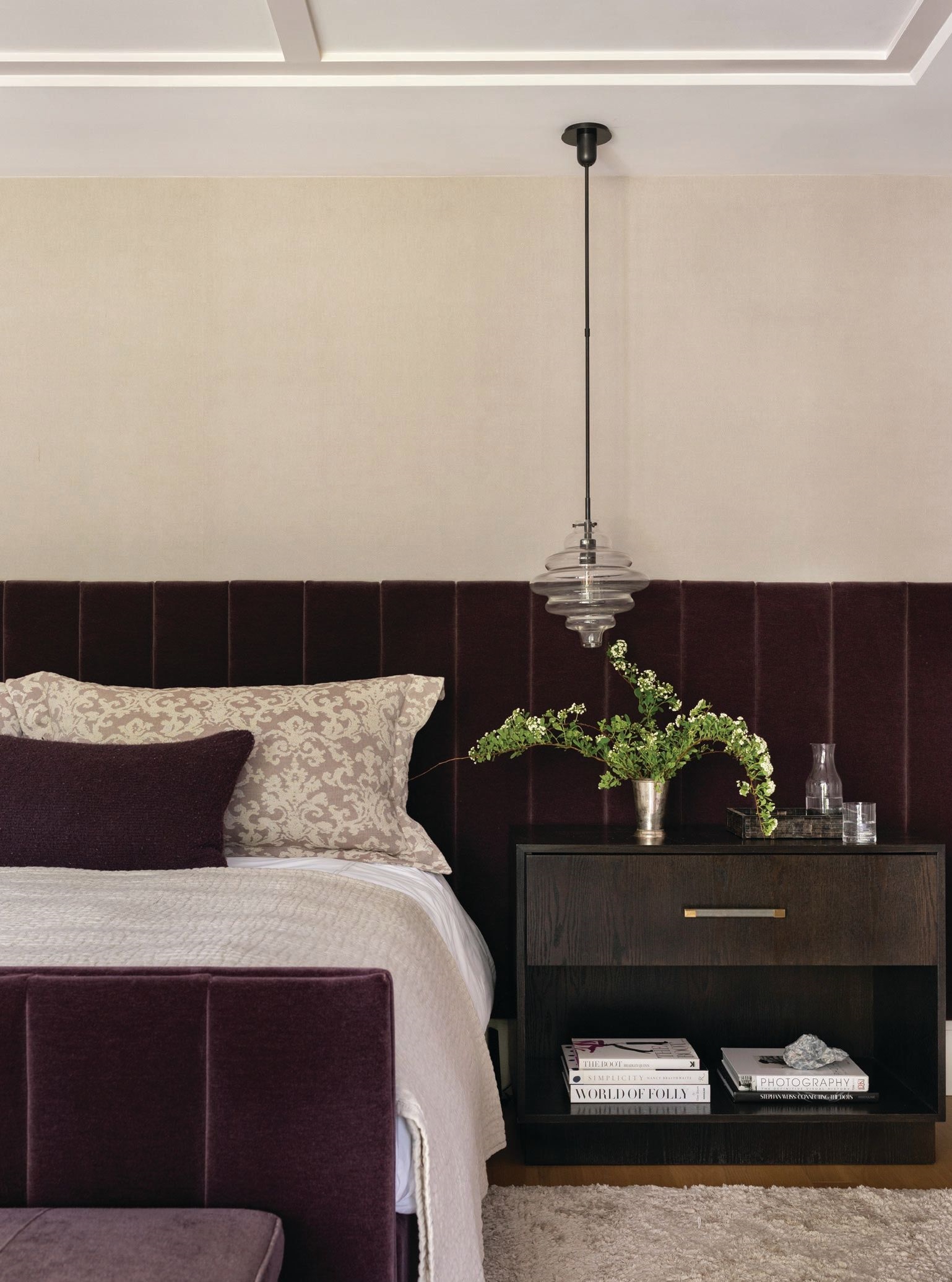 Kelly Wearstler Tableau pendant lights from Visual Comfort add a chic accent to the primary bedroom, which also features Schumacher San Carlo Mohair Velvet for added texture. Photographed by Aimée Mazzenga