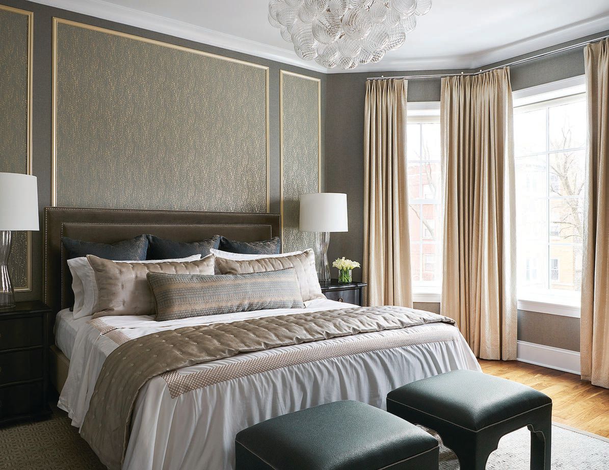 In this Lakeview project by Dual Concept Design, the primary bedroom mesmerizes with lush decorative panels in Holly Hunt’s Enchanted Forest pattern. RYAN MCDONALD