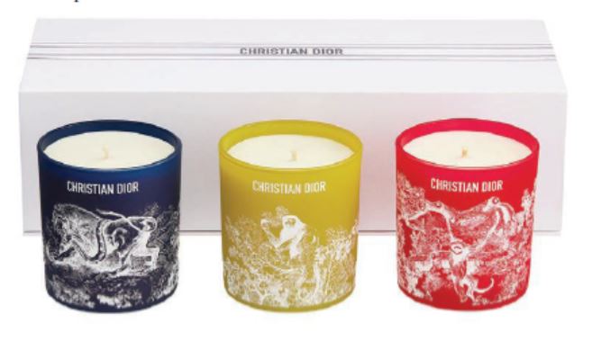 Riviera set of three miniature candles in Bougainville, Long Beach and Lindon fragrances. PHOTO COURTESY OF DIOR