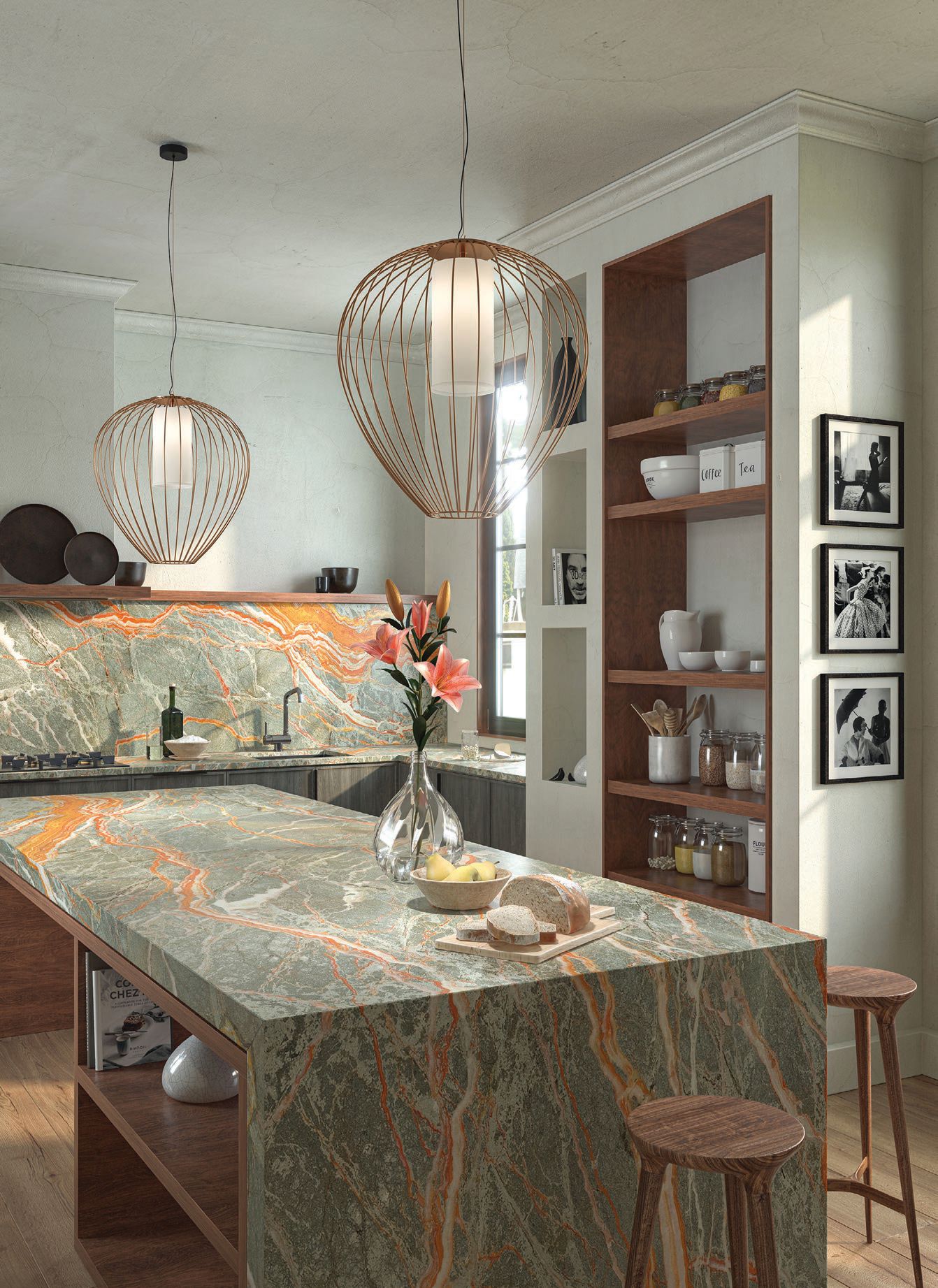 A Christopher Peacock kitchen featuring Artistic Tile’s Tiger Lily polished stone PHOTO COURTESY OF BRANDS
