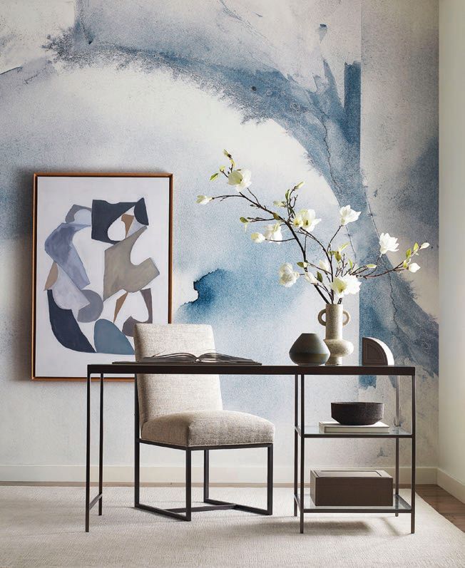 Mod Mural wallpaper in indigo with MG BW’s Vienna desk. PHOTO COURTESY OF BRAND