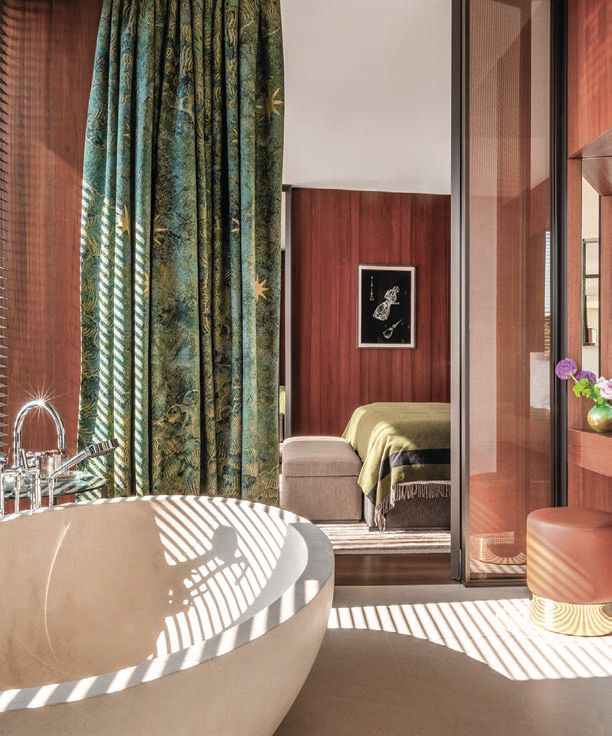 The spa bathroom boasts a carved Brera stone tub so heavy—nearly 2,000 pounds—that it had to be installed in the room by crane PHOTO COURTESY OF BVLGARI