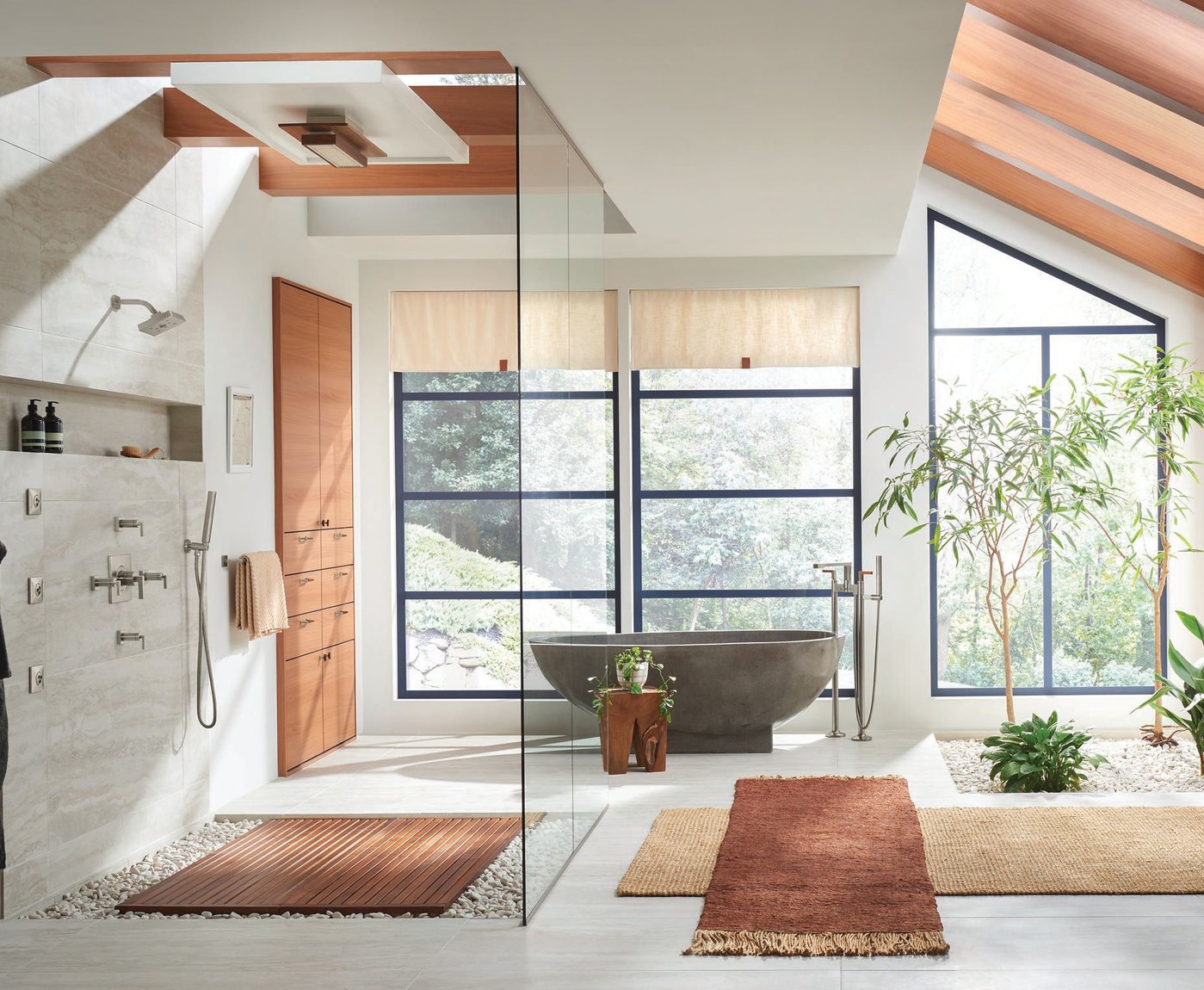 Falling water, indeed: With everything from an elegant floor-mount tub filler to a Raincan showerhead with integrated lighting, Brizo brings the spirit of Frank Lloyd Wright to the bath. PHOTO COURTESY OF BRIZO